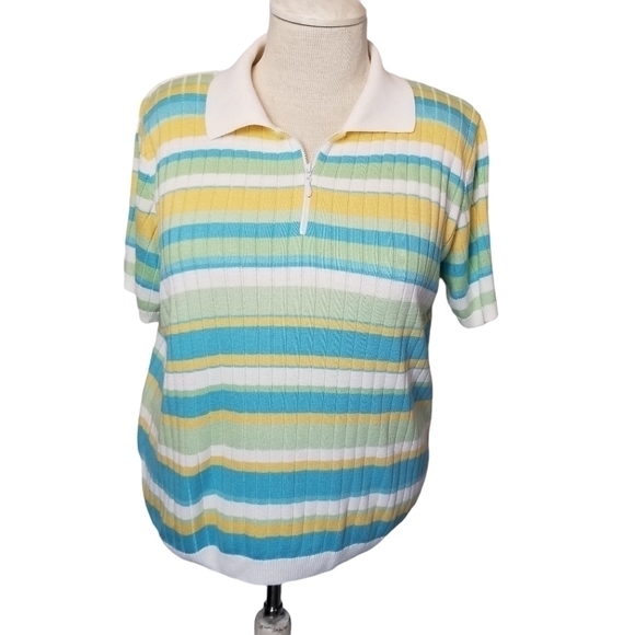 Alfred Dunner SZ 2X Sweater VTG Pastel Yellow Blue Green Striped Short Sleeve - Picture 1 of 7